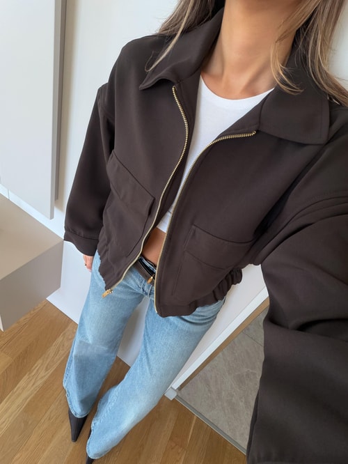 Bold Kapak Cepli Bomber Ceket - Kahve