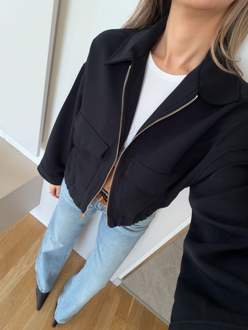 Bold Kapak Cepli Bomber Ceket - Siyah