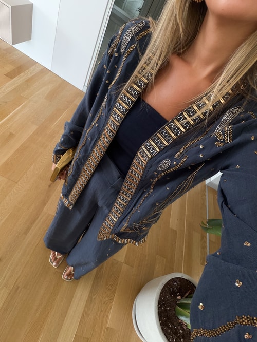 Boncuk İşlemeli Tencel Kimono - Lacivert