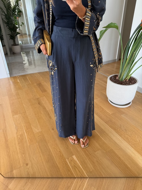 Boncuk İşlemeli Tencel Pantolon - Lacivert