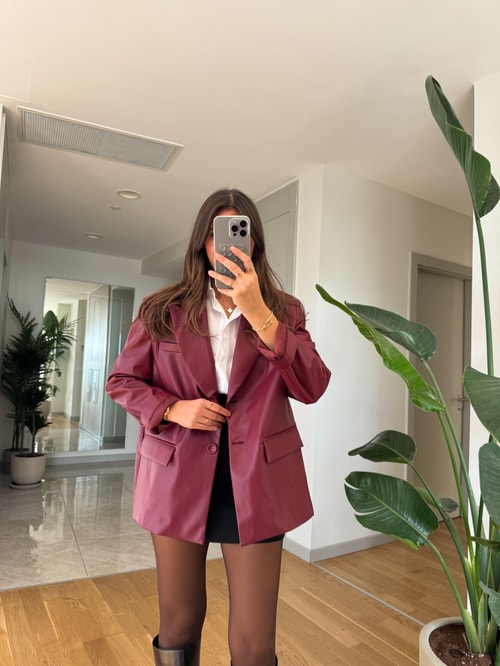 Bordo Blazer Deri Ceket