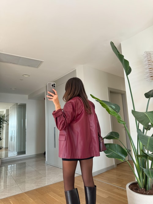 Bordo Blazer Deri Ceket