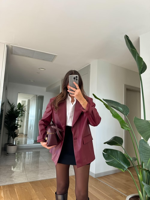 Bordo Blazer Deri Ceket