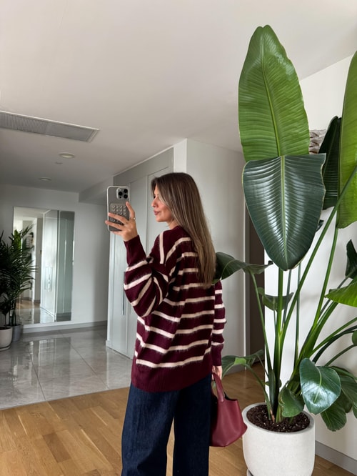 Bordo Çizgili Gold Düğmeli Hırka 