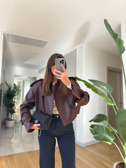 Bordo Deri Biker Ceket
