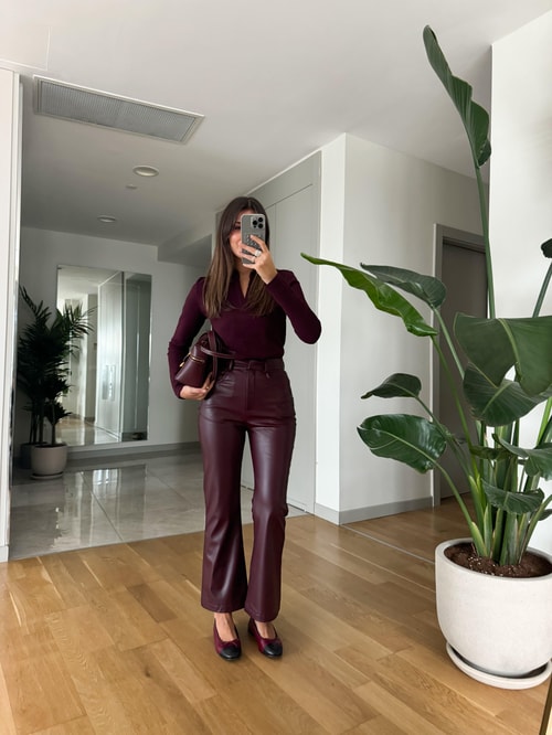 Bordo Flare Kesim Suni Deri Pantolon