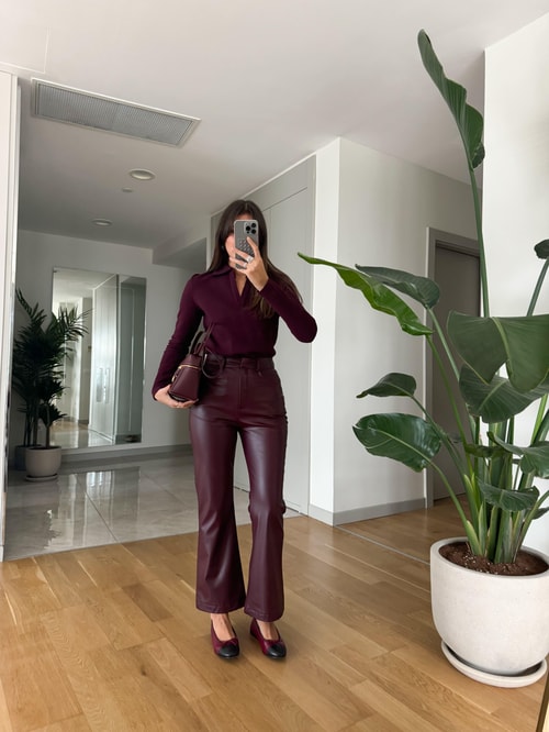Bordo Flare Kesim Suni Deri Pantolon