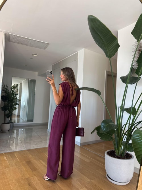 Bordo Geniş Paçalı V Yaka Tulum 