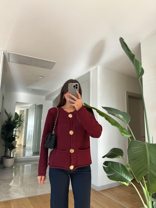 Bordo Gold Düğmeli Hırka