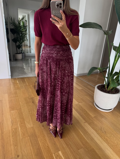 Bordo Şal Desenli Midi Etek