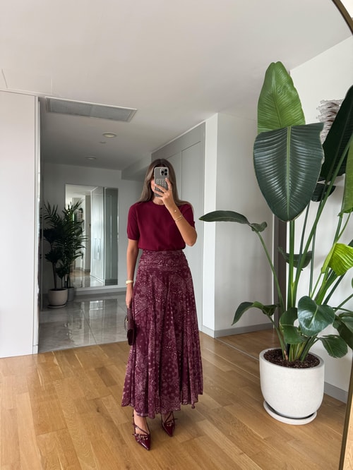 Bordo Şal Desenli Midi Etek