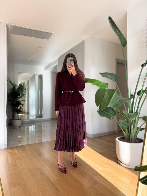Bordo Saten Buruşuk Midi Etek