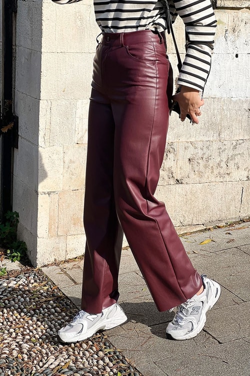 Bordo Straight Deri Pantolon
