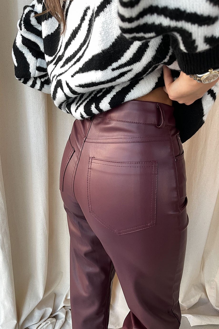 Bordo Straight Deri Pantolon
