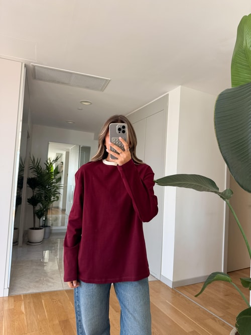 Bordo Yakası Ekru Biyeli Pamuklu Bluz