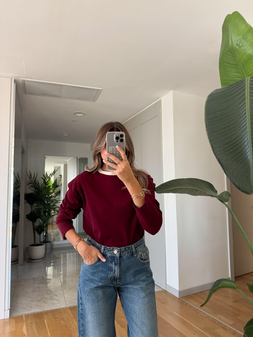 Bordo Yakası Ekru Biyeli Pamuklu Bluz