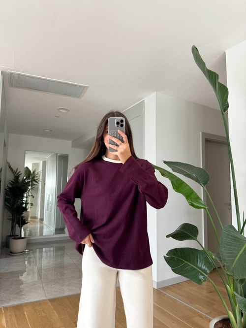 Bordo Yakası Ekru Biyeli Pamuklu Bluz