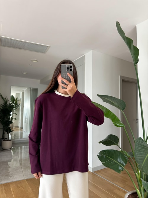 Bordo Yakası Ekru Biyeli Pamuklu Bluz