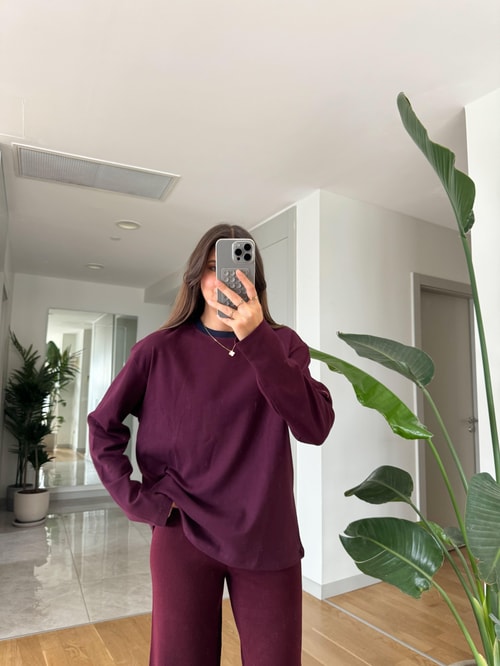 Bordo Yakası Lacivert Biyeli Pamuklu Bluz