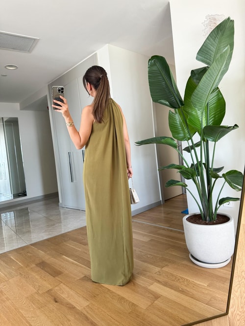 Boynu Gold Kelepçe Maxi Elbise-Yağ Yeşili