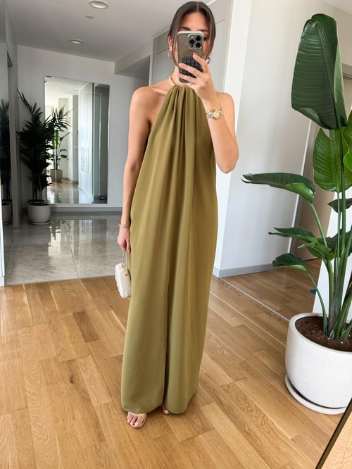 Boynu Gold Kelepçe Maxi Elbise-Yağ Yeşili