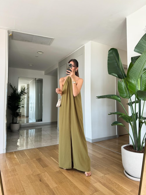 Boynu Gold Kelepçe Maxi Elbise-Yağ Yeşili