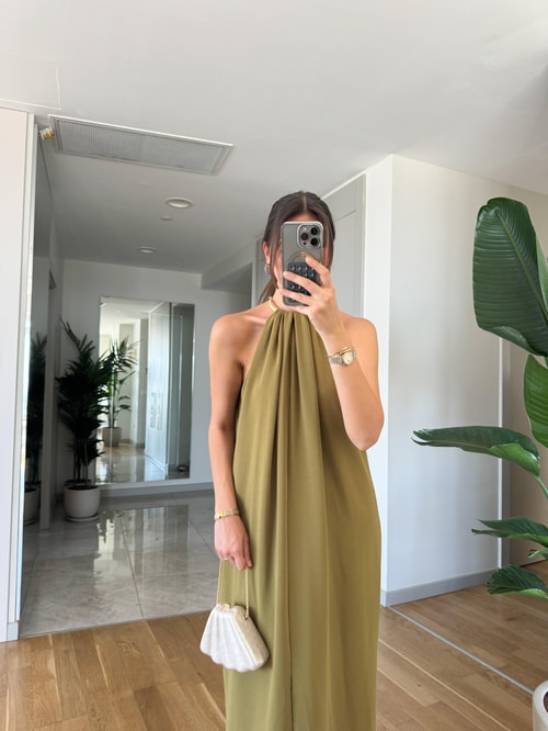 Boynu Gold Kelepçe Maxi Elbise-Yağ Yeşili