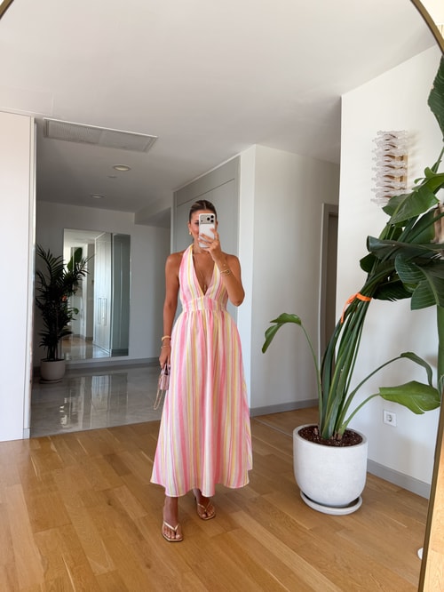 Boyundan Bağlamalı Çizgili Elbise - Pembe