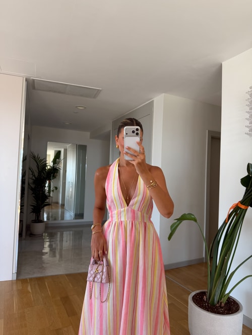 Boyundan Bağlamalı Çizgili Elbise - Pembe