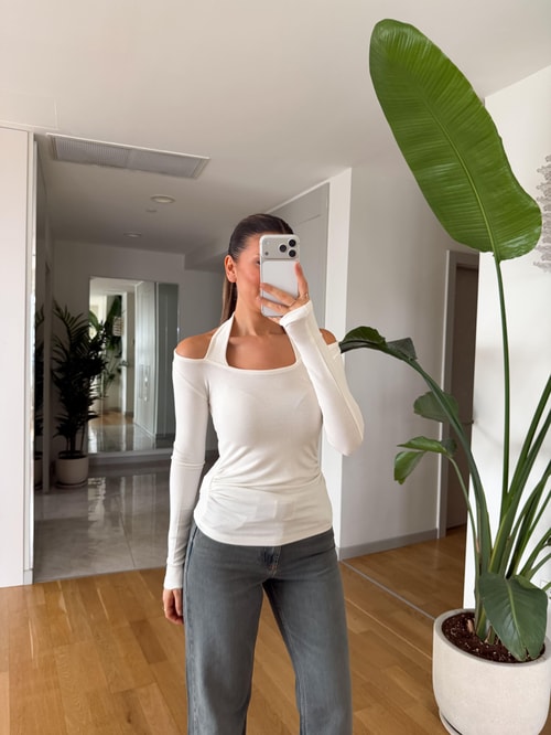 Boyundan Geçmeli  Penye Bluz - Ekru