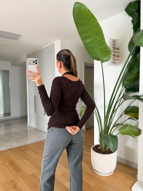 Boyundan Geçmeli  Penye Bluz - Kahve