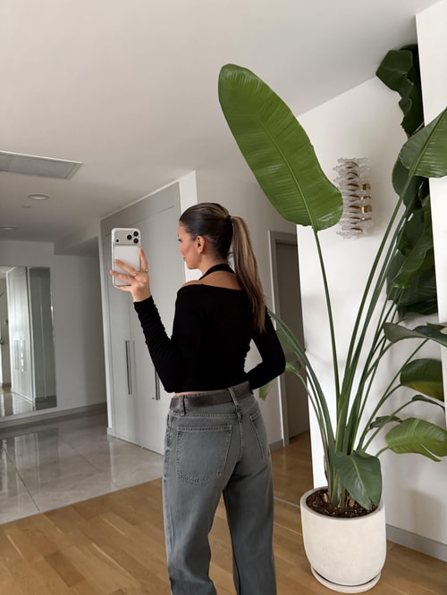 Boyundan Geçmeli  Penye Bluz - Siyah