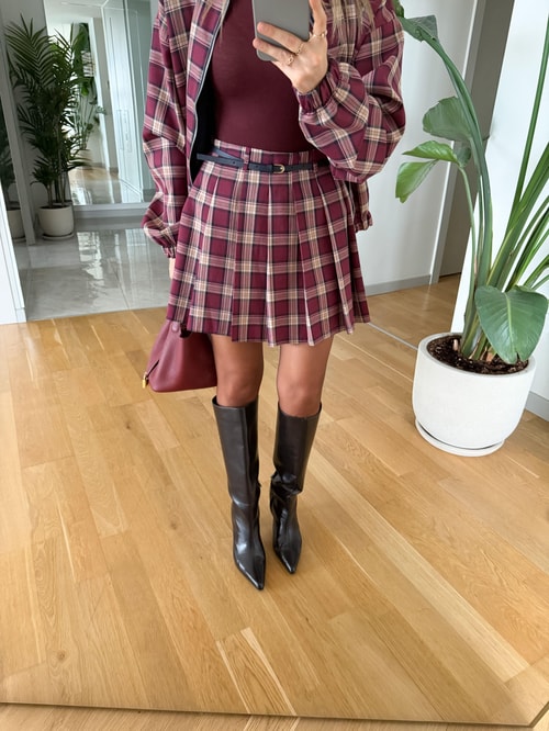 Bussy Kemerli Ekose Desen Mini Etek - Bordo