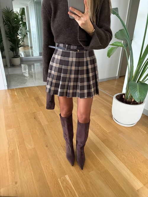 Bussy Kemerli Ekose Desen Mini Etek - Kahve