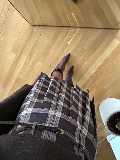 Bussy Kemerli Ekose Desen Mini Etek - Kahve