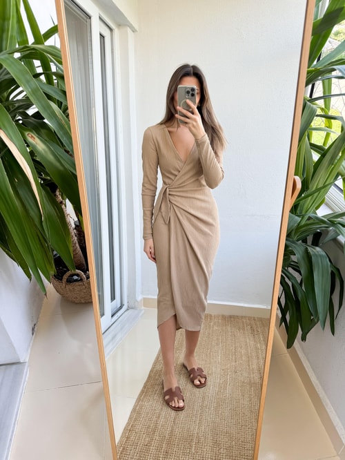 Camel Anvelop Bağlamalı Elbise