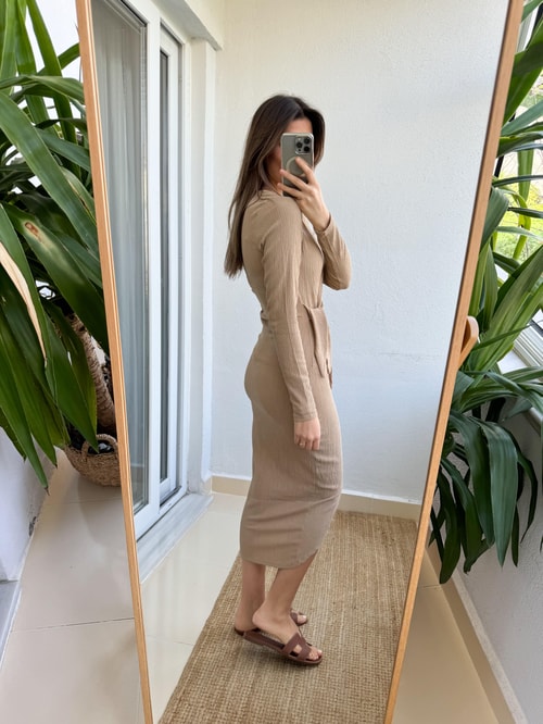 Camel Anvelop Bağlamalı Elbise