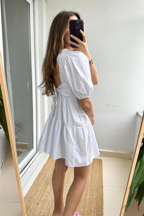 Cappi Sırt Detaylı Poplin Elbise-Beyaz