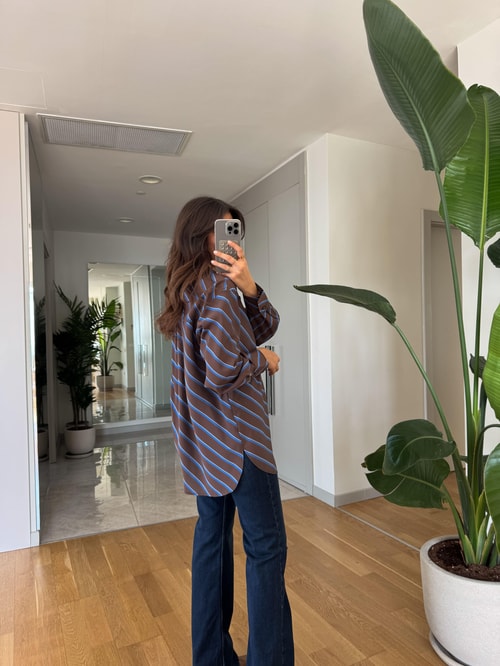 Çarpraz Çizgili Viskon Gömlek - Kahve Mavi 