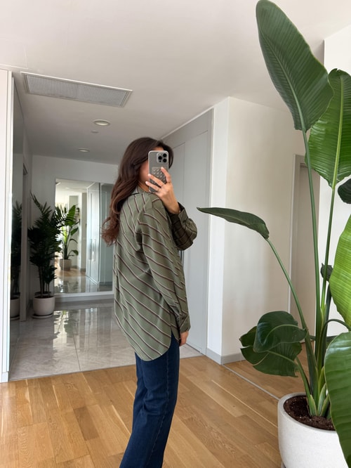 Çarpraz Çizgili Viskon Gömlek - Yeşil Kahve