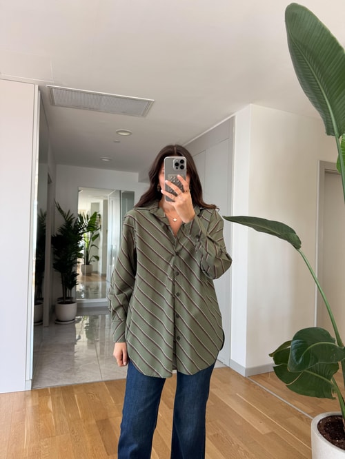 Çarpraz Çizgili Viskon Gömlek - Yeşil Kahve