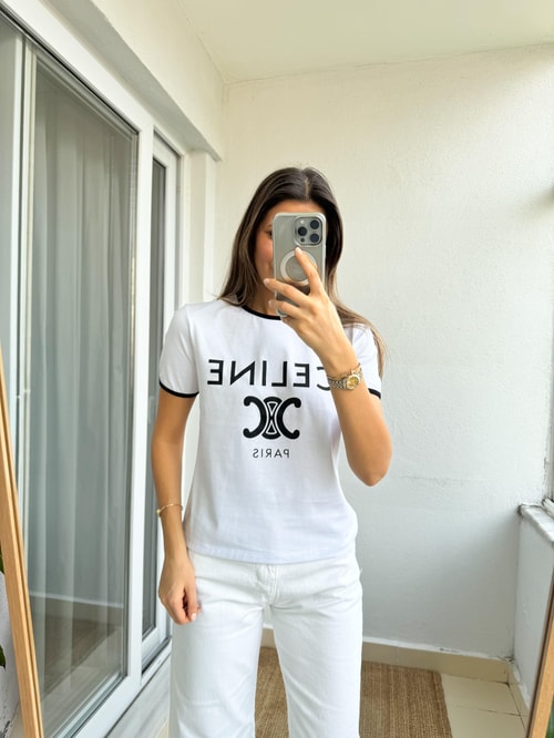 Celine Muadili Basic Tişört-Beyaz