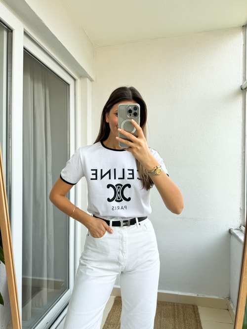 Celine Muadili Basic Tişört-Beyaz
