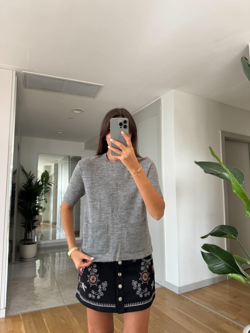 Cepli Kısa Kollu Basic Triko-Gri