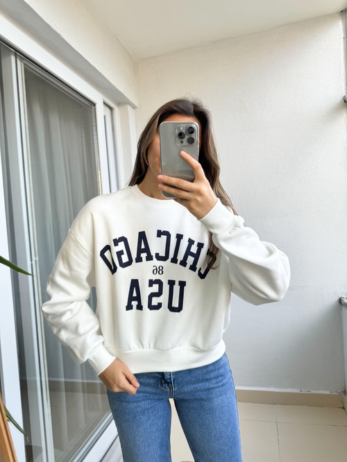 Chıcago Yazılı Beyaz Lacivert Sweat
