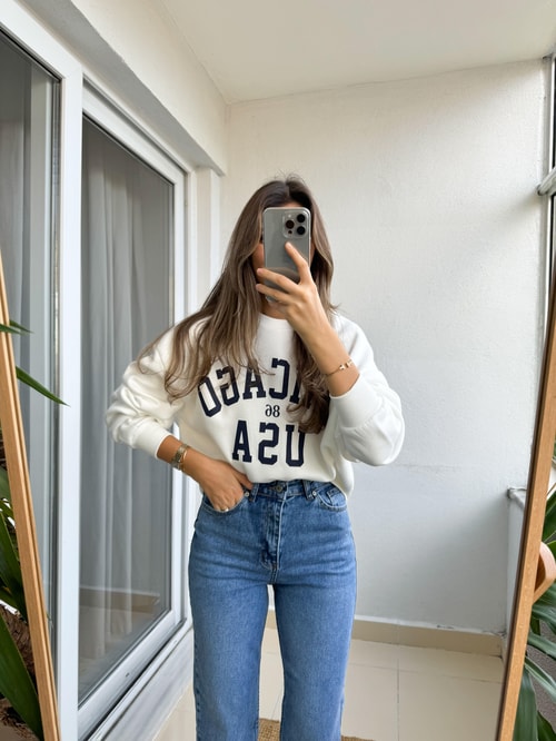 Chıcago Yazılı Beyaz Lacivert Sweat