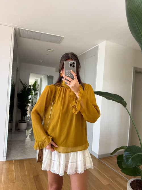 Chloe Şifon Fırfır Detaylı Bluz-Yağ Yeşili