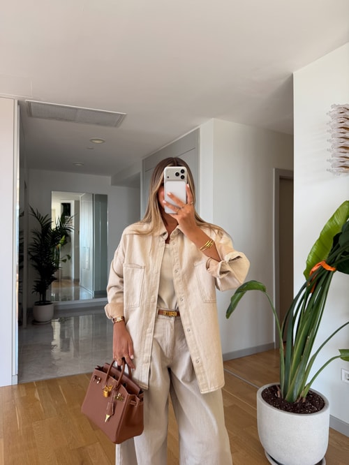 Çift Cepli Çıtçıtlı Gabardin Ceket - Taş