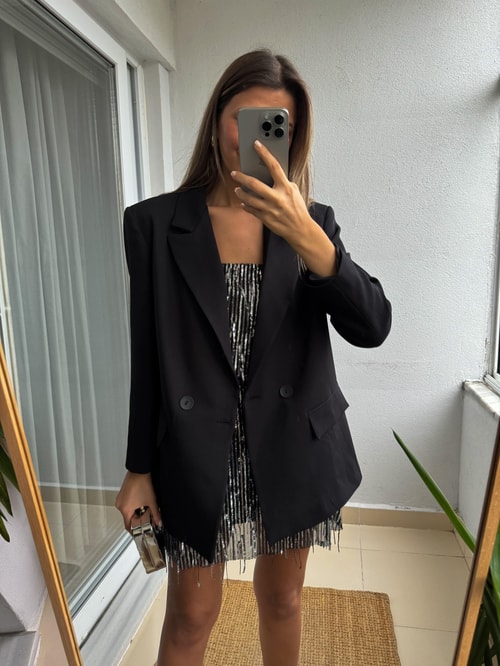 Çift Düğmeli Siyah Blazer Ceket