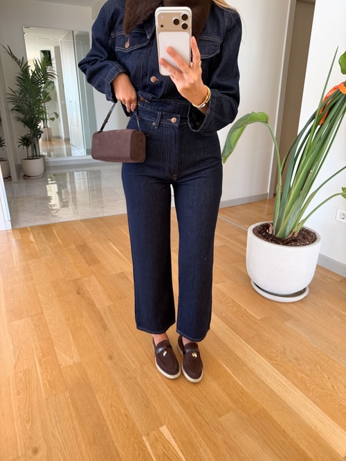Çıkarılabilir Kürk Yakalı Denim Takım 
